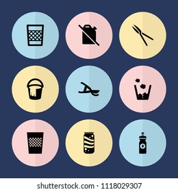 Set of 9 can filled icons such as bucket, energy drink, garden tools, trash bin, no oil