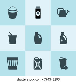 Set of 9 can filled icons such as bucket, watering can, car oil, oil can, trash bin, detergent