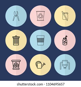 Set of 9 can outline icons such as trash bin, recycle bin, soda, watering can, tank, garden tools