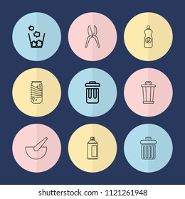 Set of 9 can outline icons such as bin, trash bin, spray paint, soda, energy drink, garden tools