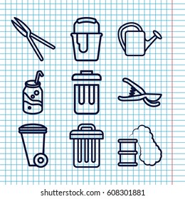 Set of 9 can outline icons such as trash bin, paint bucket, soda, garden tools, watering can, bin
