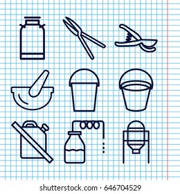 Set of 9 can outline icons such as canister, bucket, tank, garden tools