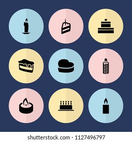 Set of 9 candle filled icons such as candle, piece of cake, heart cake