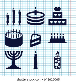 Set of 9 candle filled icons such as cake, candle, piece of cake