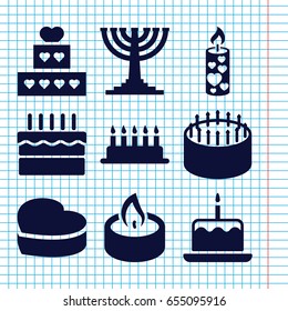 Set of 9 candle filled icons such as cake with one candle, cake, heart cake, candle