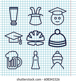 Set of 9 cap outline icons such as baby cap, cream tube, winter hat, graduation cap, beer mug, helmet, graduate emoji