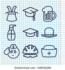 Set of 9 cap outline icons such as hat, bottle soap, nurse hat, beer mug, helmet, soldier emot