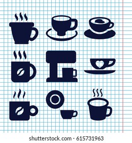 Set of 9 cappuccino filled icons such as coffee, dish, coffee cup, cup with heart, cup