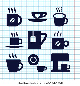 Set of 9 cappuccino filled icons such as coffee, dish, cup with heart, tea cup, cup