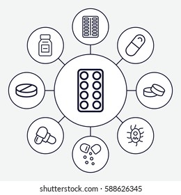 Set of 9 capsule outline icons such as tablet, pill, medicine