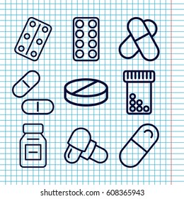 Set of 9 capsule outline icons such as pill, medical pills, medicine