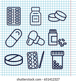 Set of 9 capsule outline icons such as paints, tablet, pill, medicine