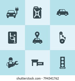 Set of 9 car filled icons such as car, engine head, timing belt, robot transmission