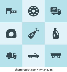 Set of 9 car filled icons such as trailer, pickup, tire repair, bearing, car key, car service, garbage truck, delivery truck