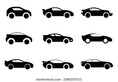 Set of 9 car icon vector illustration with white background. Side view modern and sports car icon collection. 