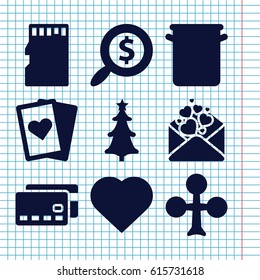 Set of 9 card filled icons such as Clubs, Hearts, love letter, christmas tree, memory card, pan