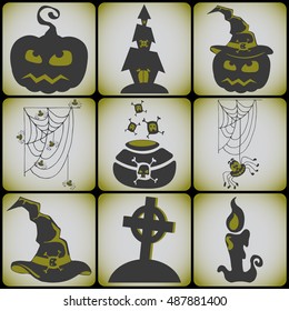 Set 9 card halloween symbols. Vector illustration for halloween party card