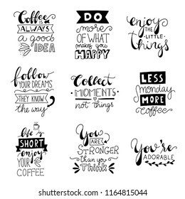 Set of 9 Card Posters Typography lettering designs. Hand drawn lettering phrase. Modern motivating calligraphy decor. Scrapbooking or journaling card with quote.