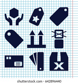 Set of 9 cardboard filled icons such as tag, cargo arrow up, handle with care, cargo only in box allowed, question box