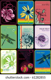 set of 9 cards with blossoming flowers and dragonflies