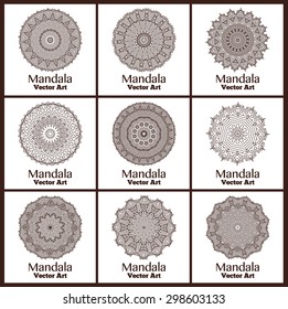 Set of 9 cards or invitations with mandala.  Hand-drawn highly detailed round elements. Vector vintage decorative elements. Islam, Arabic, Indian, Turkish, Ottoman, Pakistan motifs.