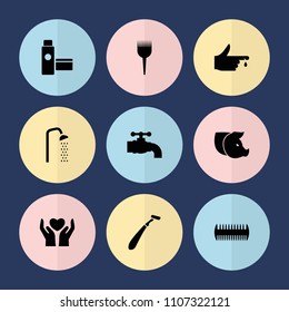 Set of 9 care filled icons such as tap, cream tube, pig, comb, razor, barber brush, shower, hands holding heart