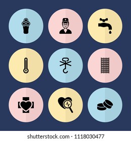 Set of 9 care filled icons such as electric razor, tablet, no cargo warning, doctor, thermometer, hair curler, tap, heartbeat search