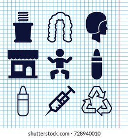 Set of 9 care filled and outline icons such as baby, beauty salon, lipstick, towels, syringe, face, hairstyle