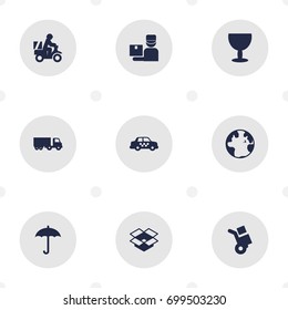 Set Of 9 Cargo Icons Set.Collection Of Truck, Scooter, Parcel And Other Elements.