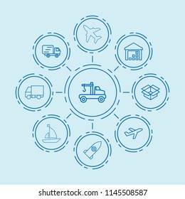 Set of 9 cargo outline icons such as tow truck, truck, rocket medical, delivery truck, packaging, airplane, warehouse, sailboat