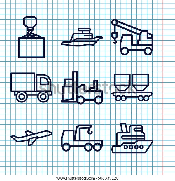 Set of 9 cargo outline\
icons such as truck with hook, hook with cargo, forklift, cargo\
wagon, plane, ship