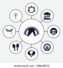 Set of 9 carnival filled icons such as Ferris wheel, maracas, tambourine, sparkler, mask, tent, carousel, balloon