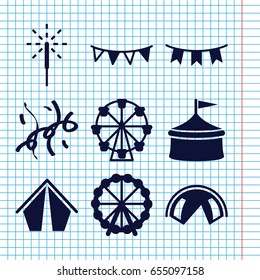 Set of 9 carnival filled icons such as ferris wheel, party flag, sparkler, confetti, circus