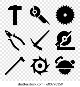 Set of 9 carpentry filled icons such as blade saw, circular saw, pliers, garden hammer