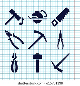 Set of 9 carpentry filled icons such as hammer, saw, pliers, electric saw
