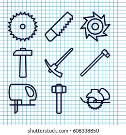 Set of 9 carpentry outline icons such as saw, blade saw, electric saw, garden hammer
