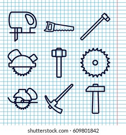 Set of 9 carpentry outline icons such as blade saw, saw blade, garden hammer