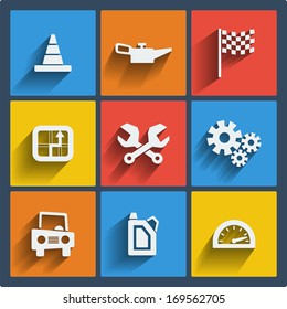 Set of 9 cars vector web and mobile icons in flat design. 