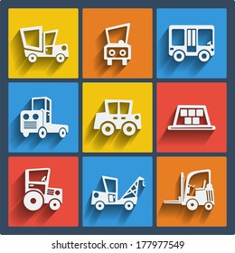 Set of 9 cars vector web and mobile icons in flat design. Symbols of taxi, sedan, truck, lory, pickup, loader, tractor, evacuator