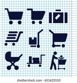 Set of 9 cart filled icons such as luggage, baby stroller