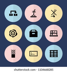 Set of 9 carton filled icons such as parcel, box, cargo box, no standing nearby, object move, arrow up