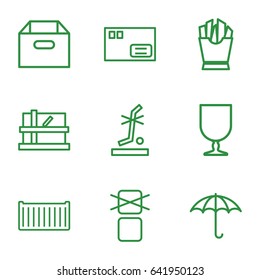 set of 9 carton outline icons such as parcel, french fries, cargo box, keep dry cargo, no standing nearby