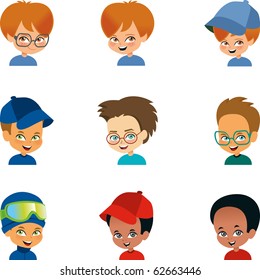 Set of 9 Cartoon Boy Portraits - Avatar Bundle, featuring  nine kids of varied ethnicities.