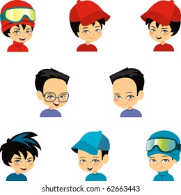 Set Of 9 Cartoon Boy's Headshot - Avatar Bundle With Varied Cartoon Portraits.