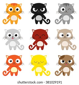 Set of 9 cartoon cats with various expressions