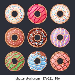 Set of 9 cartoon colorful donuts with white, pink and chocolate glaze and sprinkles. Top View Doughnuts collection into glaze for menu design, cafe decoration, delivery box.