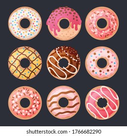 Set of 9 cartoon colorful donuts with white, pink and chocolate glaze and sprinkles. Top View Doughnuts collection into glaze for menu design, cafe decoration, delivery box.