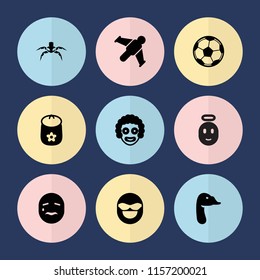 Set of 9 cartoon filled icons such as goose, baby toy, clown, fotball, hang glider, emot in sun glasses, crying emot, emoji angel