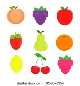 Set of 9  cartoon fruit. Lemon, orange, apple,  pear, strawberry, peach, raspberry, cherry, blackberry. Vector illustration isolated on white background.