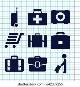 Set of 9 case filled icons such as man with luggage, case with heart, first aid kit, luggage cart, luggage, case